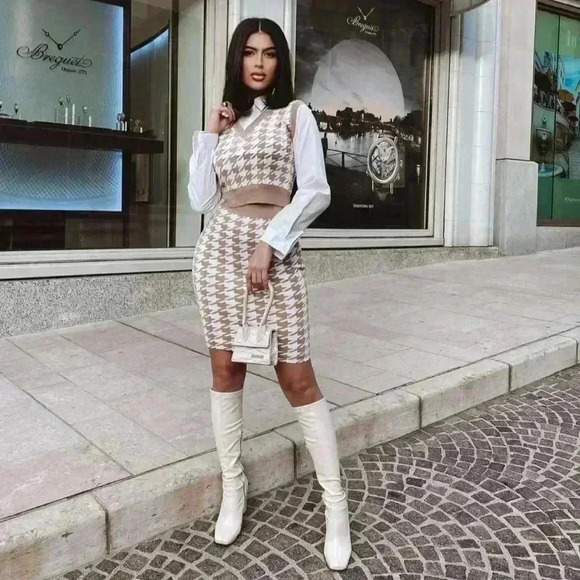 BOUTIQUE SET houndstooth cream white bodycon skirt collared blouse - Picture 1 of 5